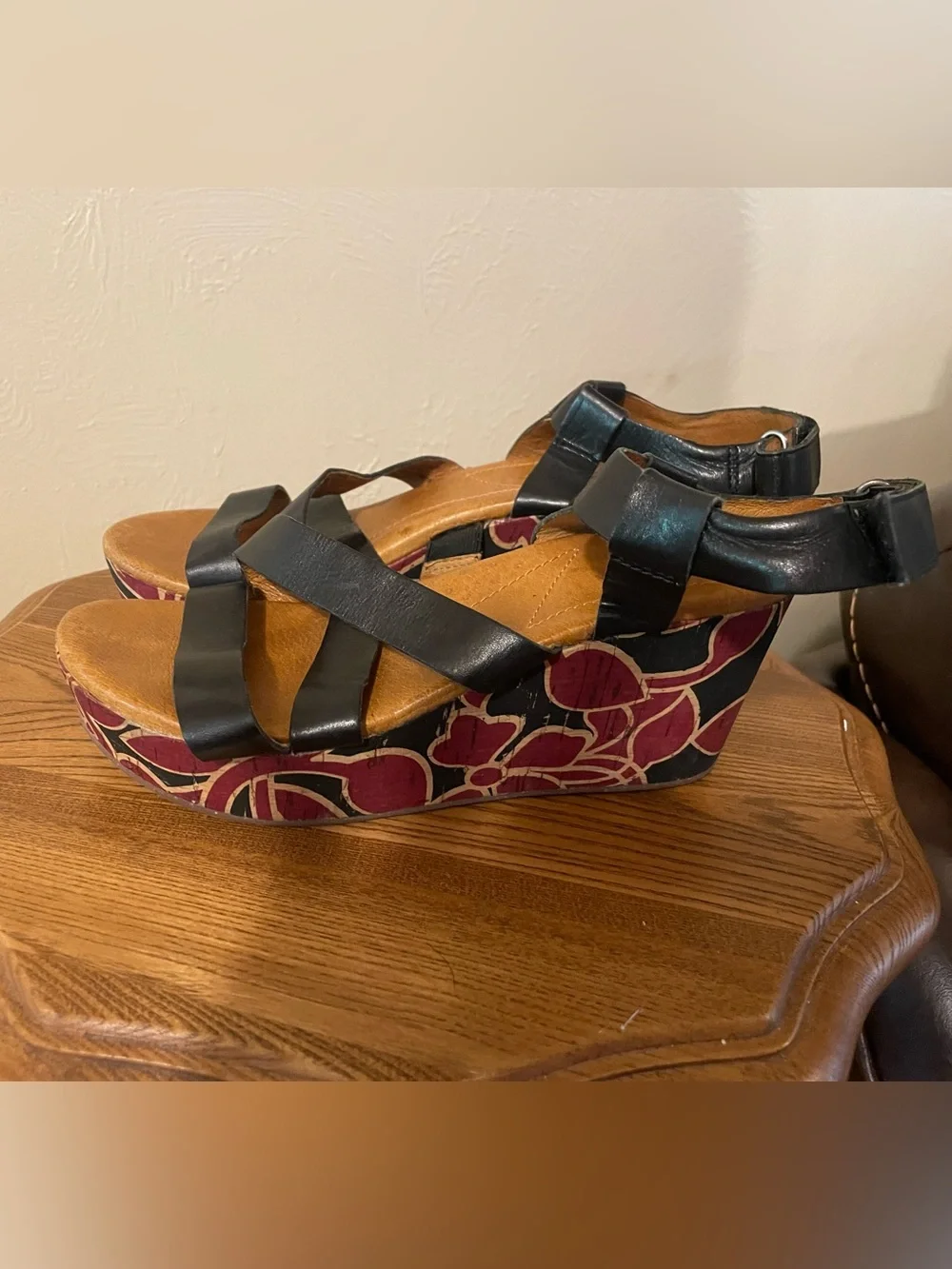 Naya Black Leather Strappy Wedge Sandals with Burgundy Floral Platform